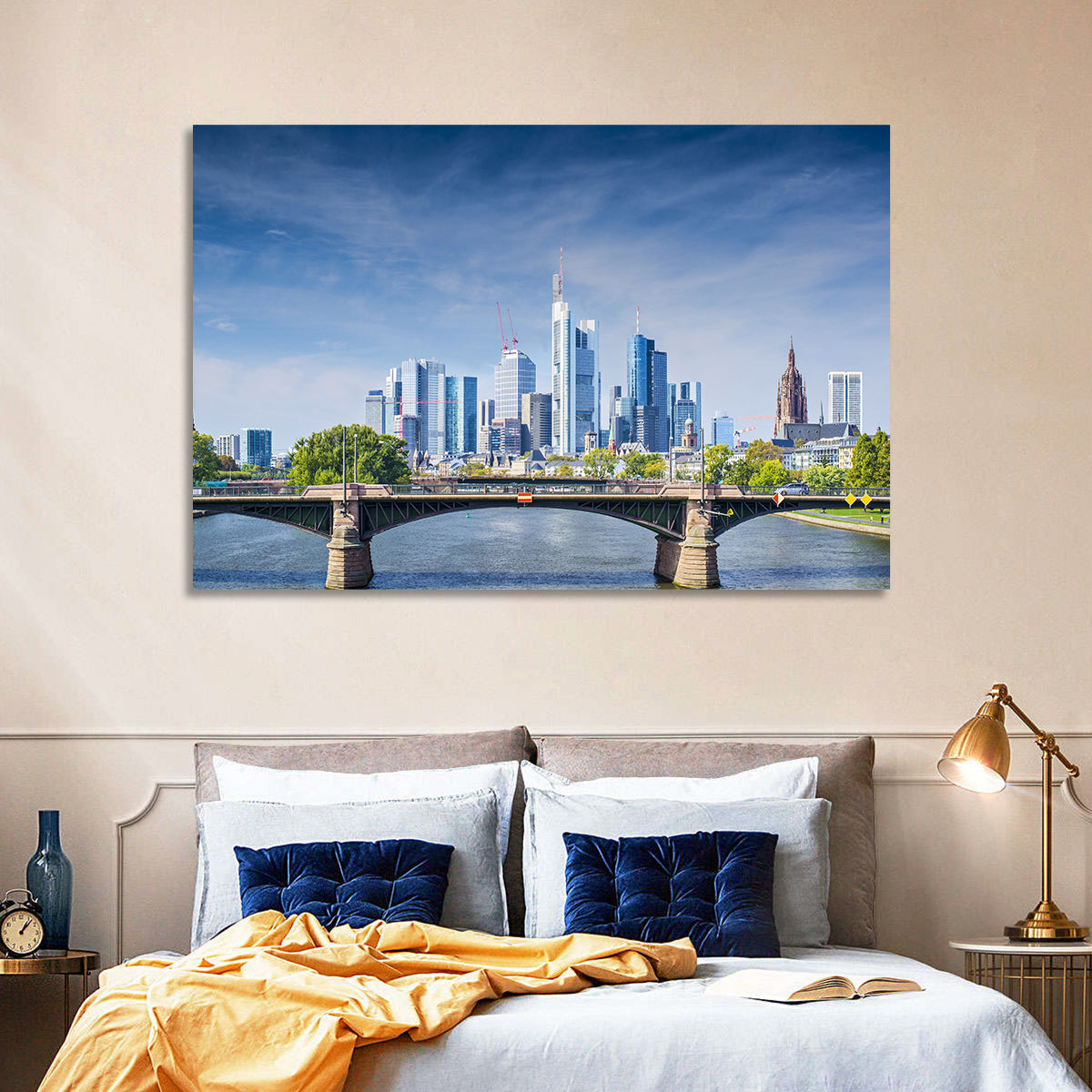 Frankfurt Skyline with Eiserner Steg Wall Art in a room, landscape