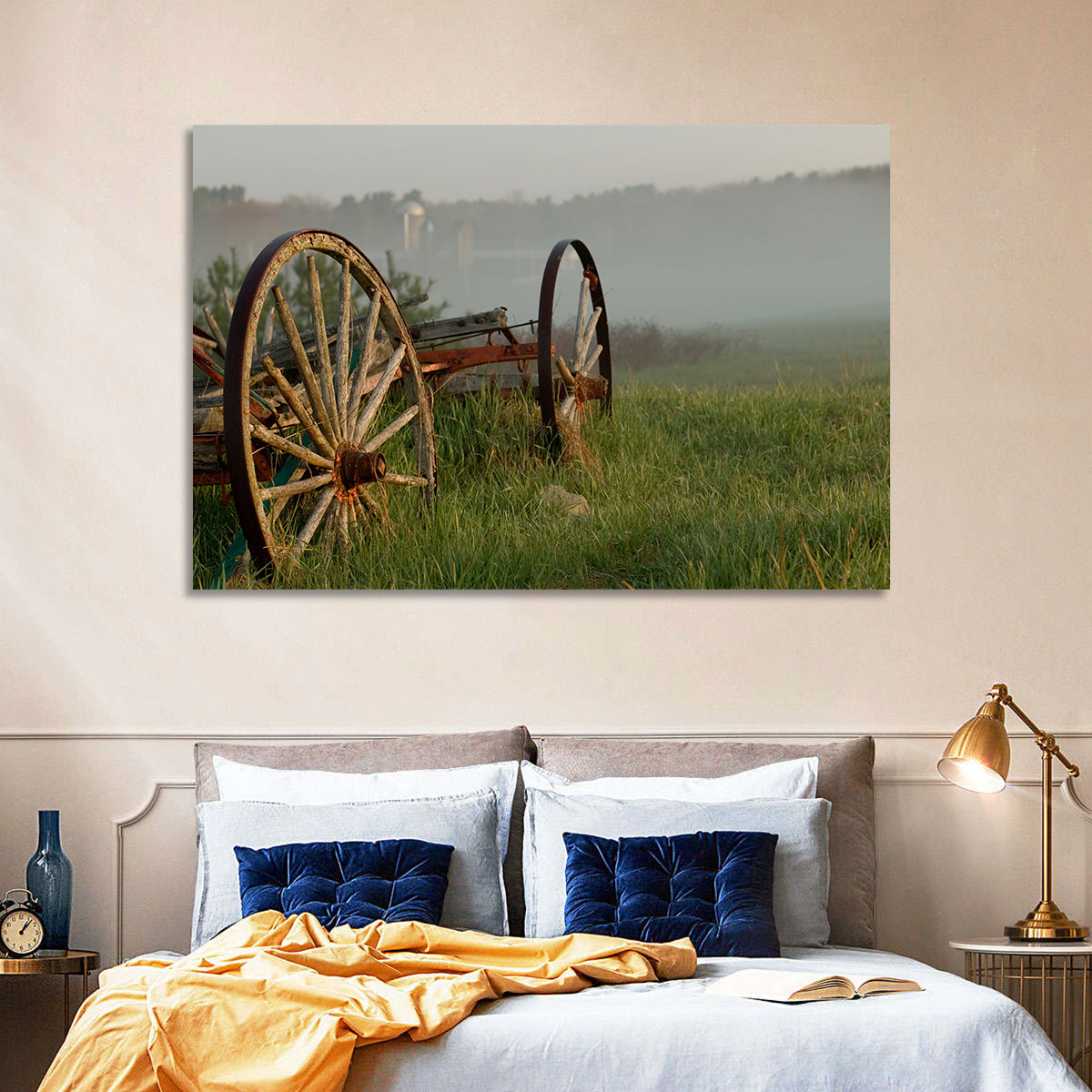 Weathered Wagon in Morning Mist Wall Art in a room, landscape