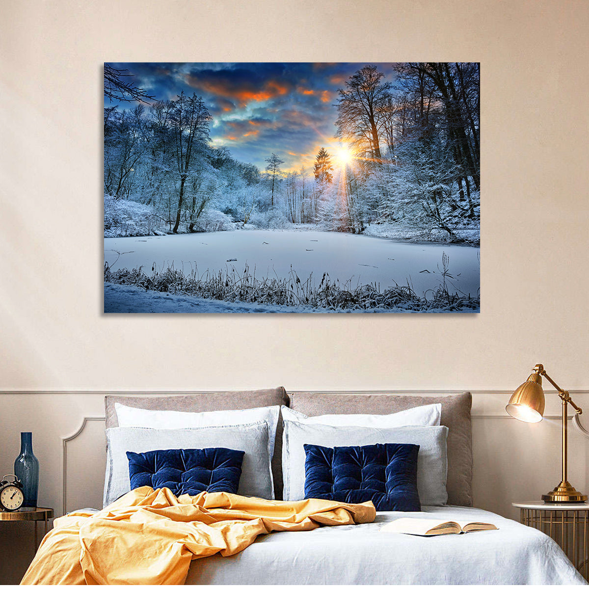 Frozen Forest Lake Wall Art in a room, landscape