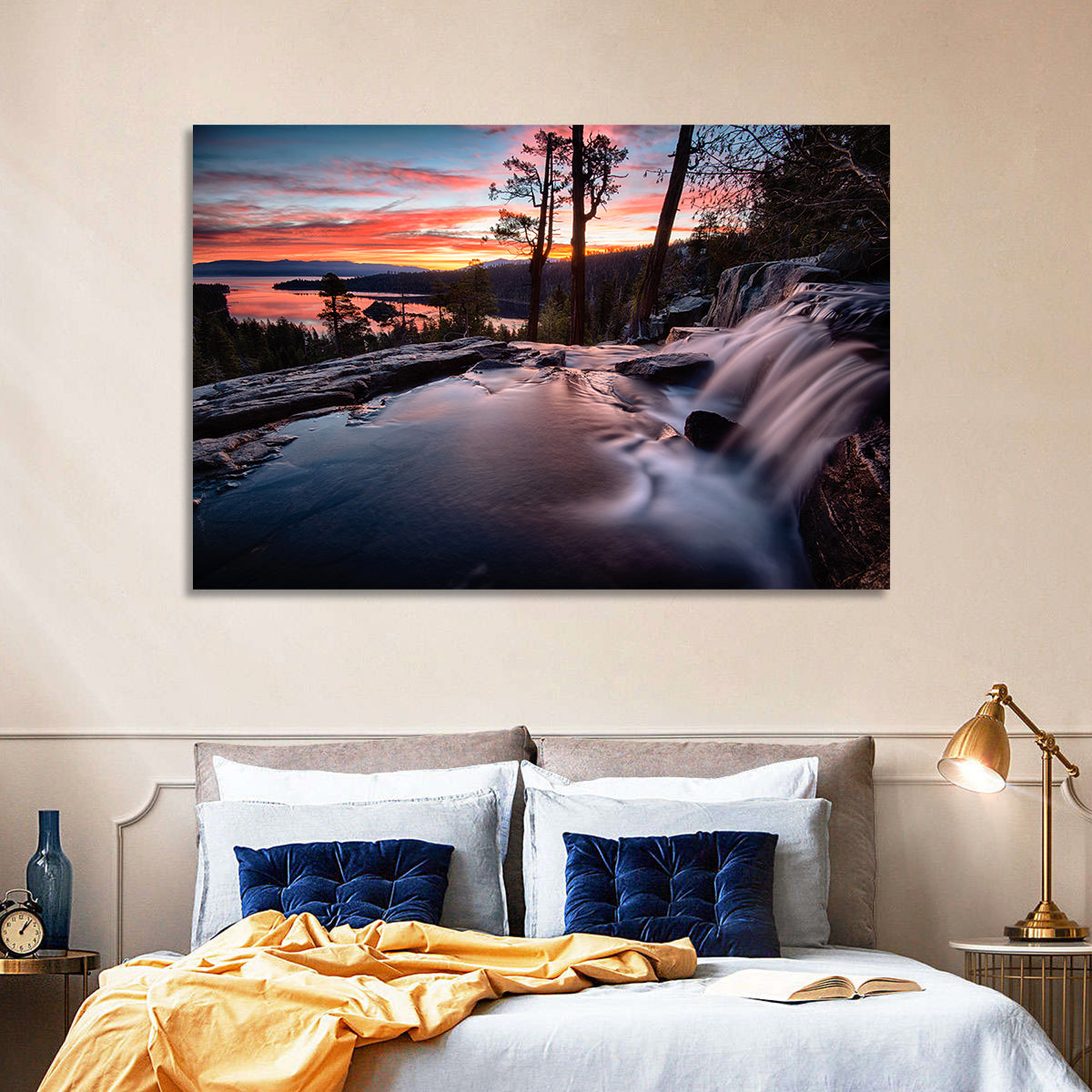Waterfall Near Lake Tahoe Wall Art in a room, landscape