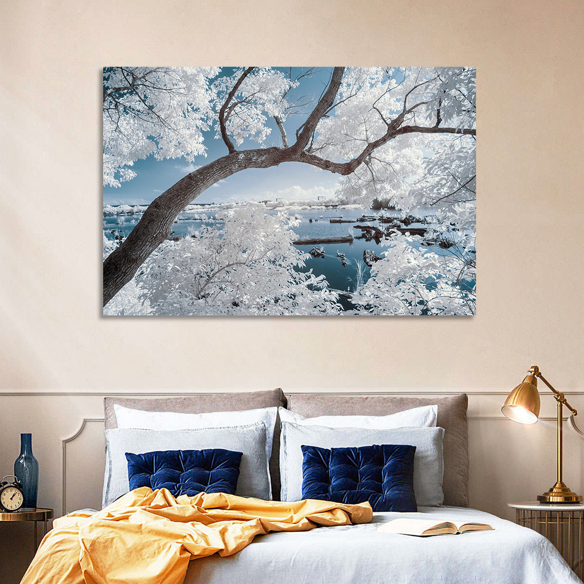 Curving Winter Tree Over Lake Wall Art in a room, landscape