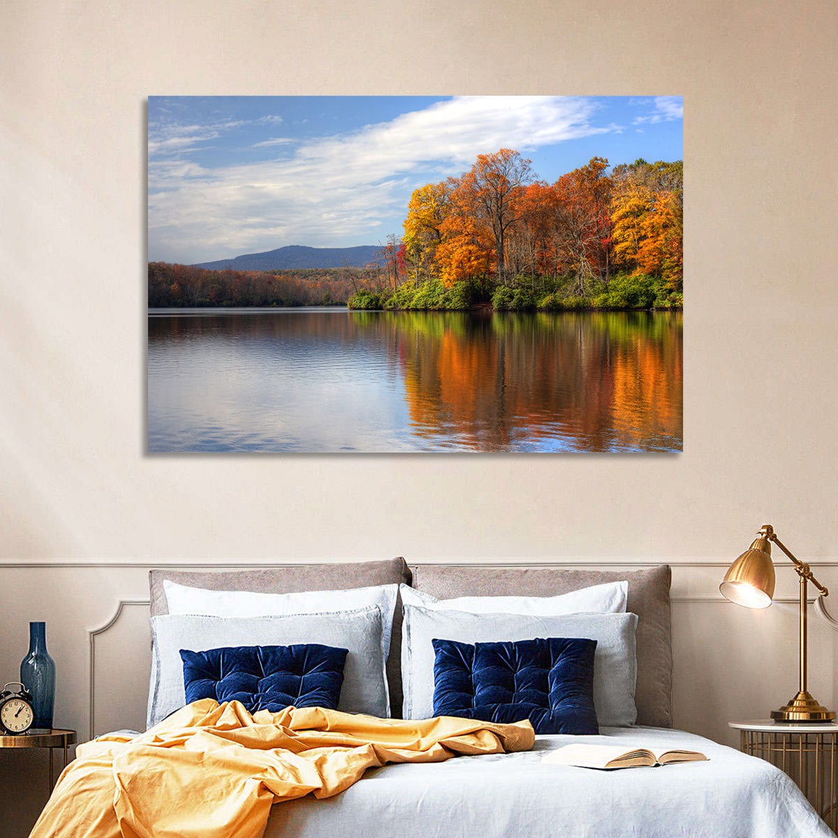 Autumn Lake with Mountain Reflection Wall Art in a room, landscape