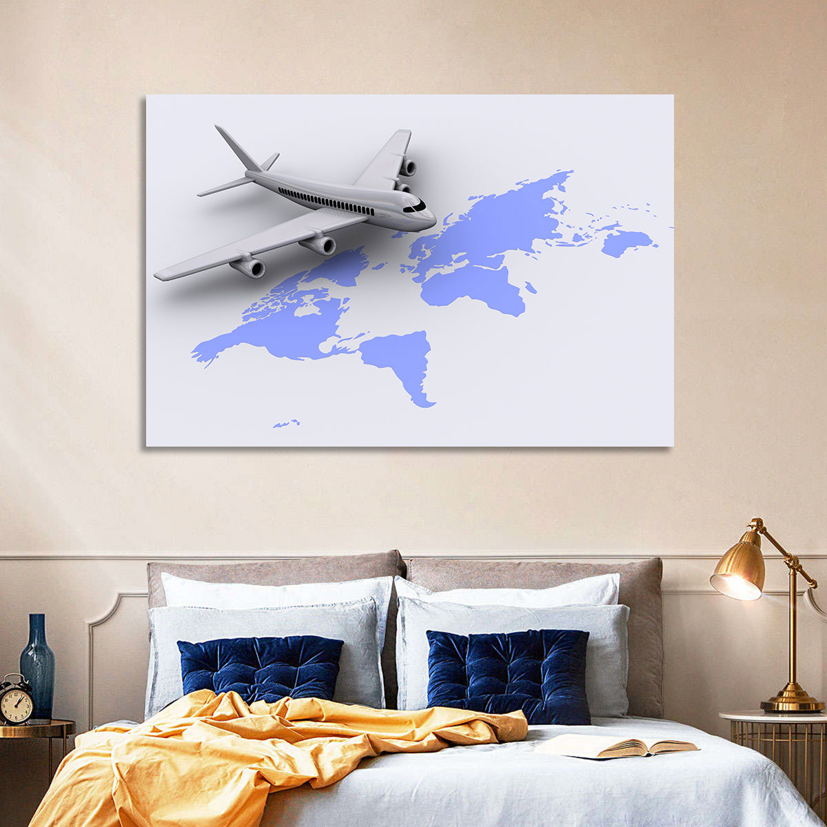 Airplane Over World Map Wall Art in a room, landscape