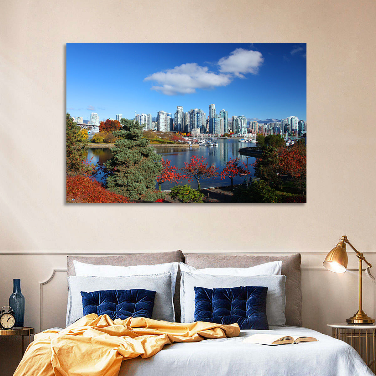 Vancouver Autumn Skyline Wall Art in a room, landscape