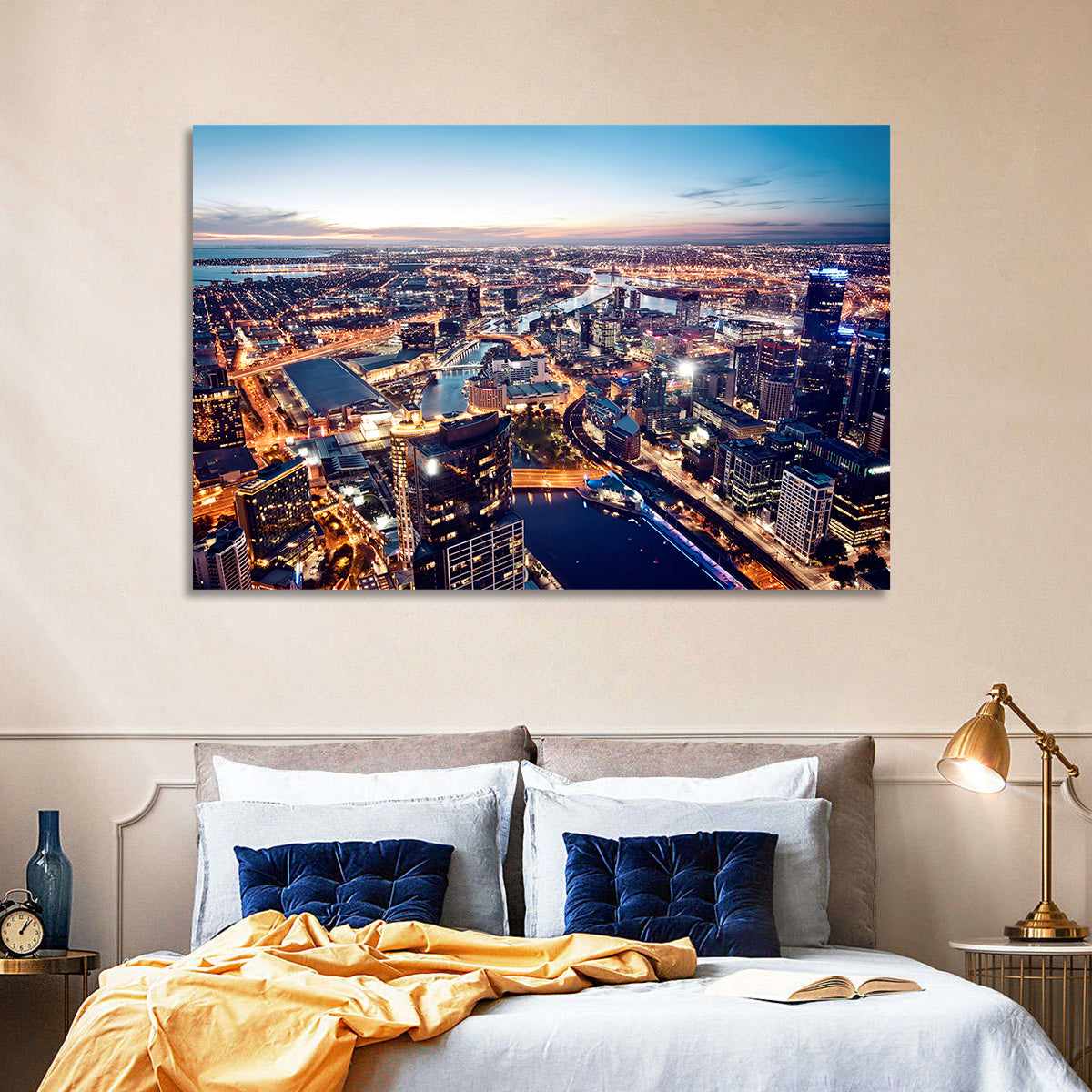 Melbourne Twilight Skyline Wall Art in a room, landscape