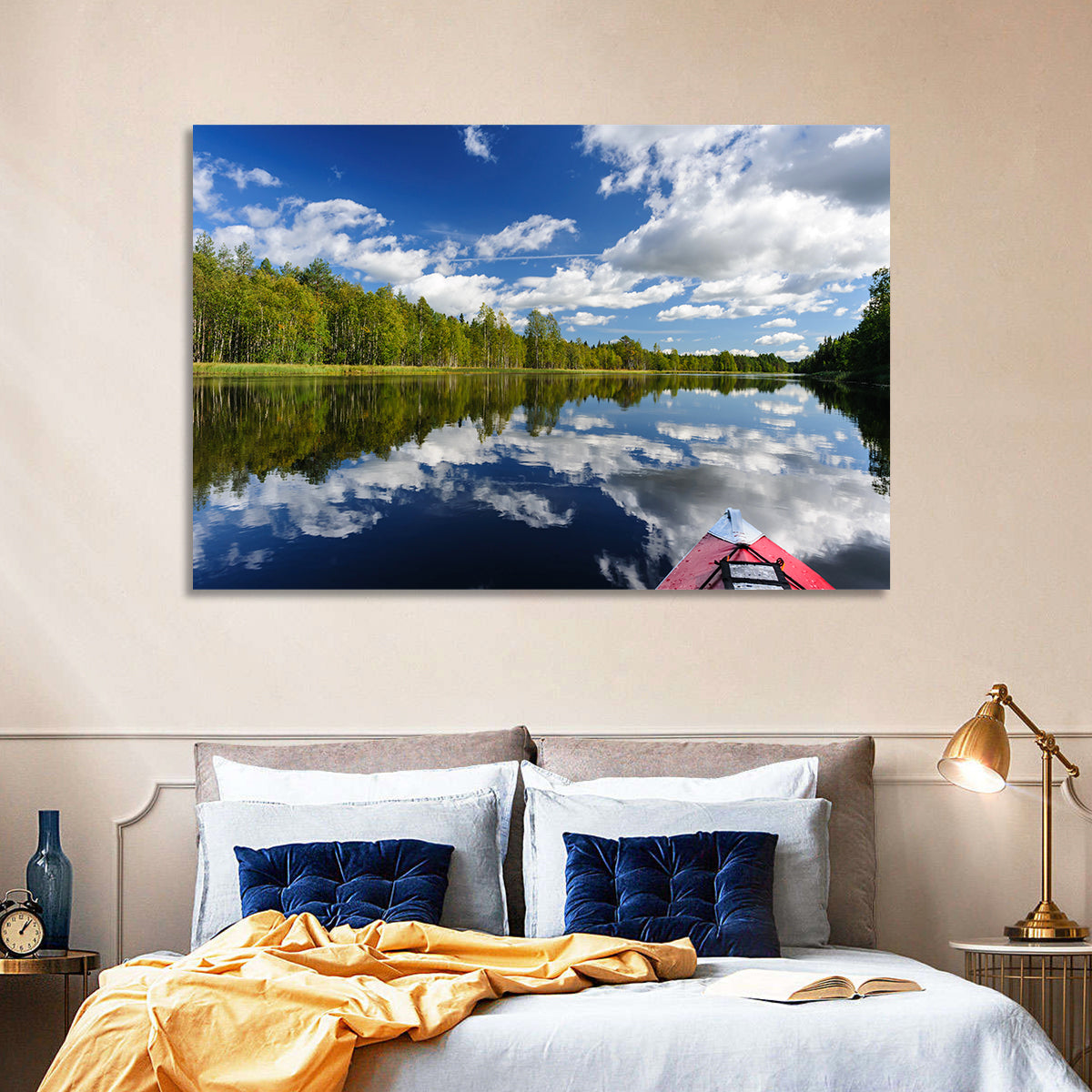 Karelia Kayak Reflection Wall Art in a room, landscape
