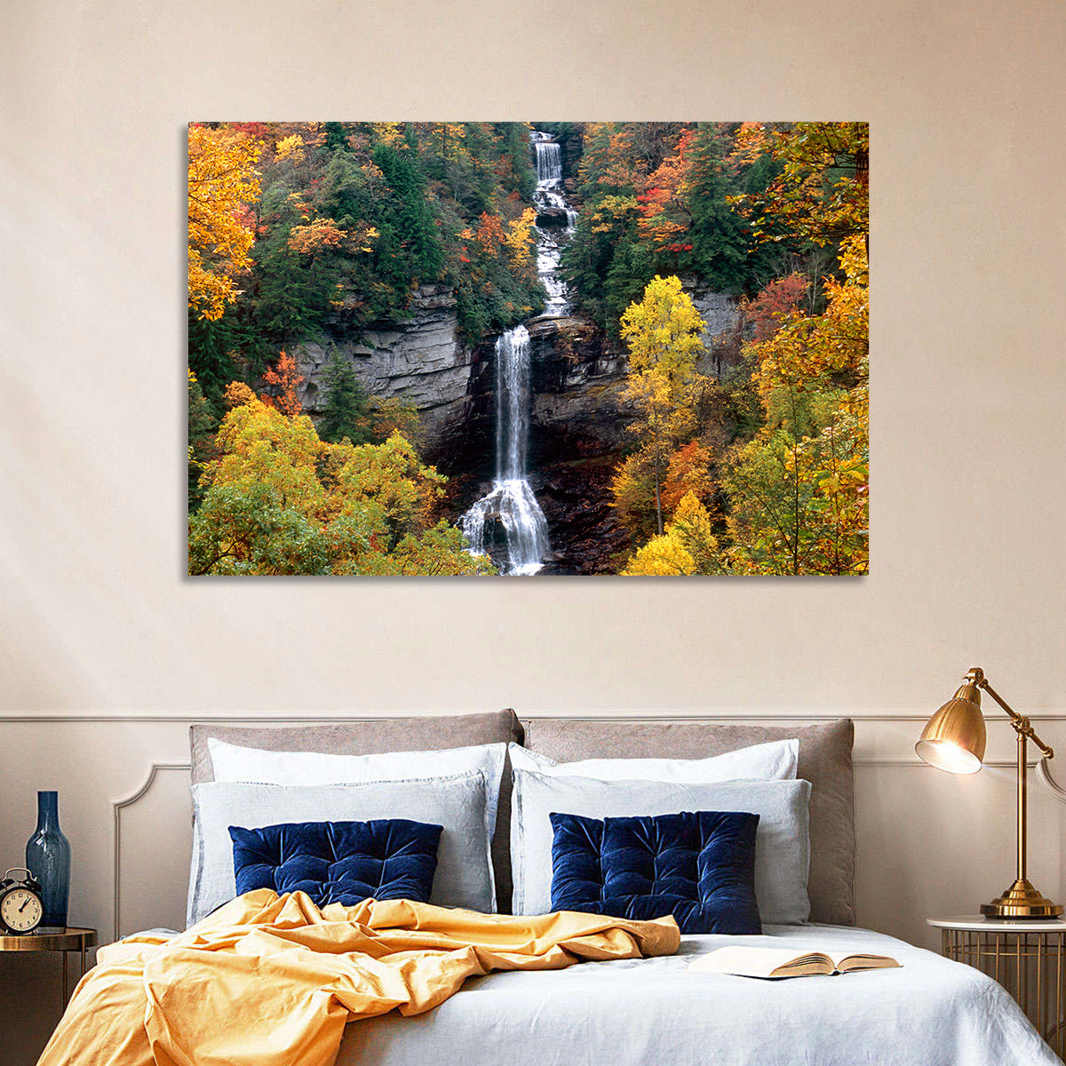 Raven Cliff Waterfall Wall Art in a room, landscape