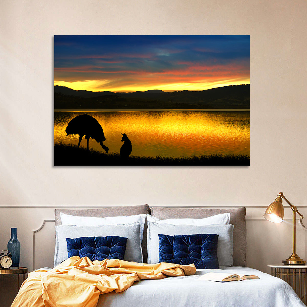 Kangaroo and Emu at Lake Sunset Wall Art in a room, landscape