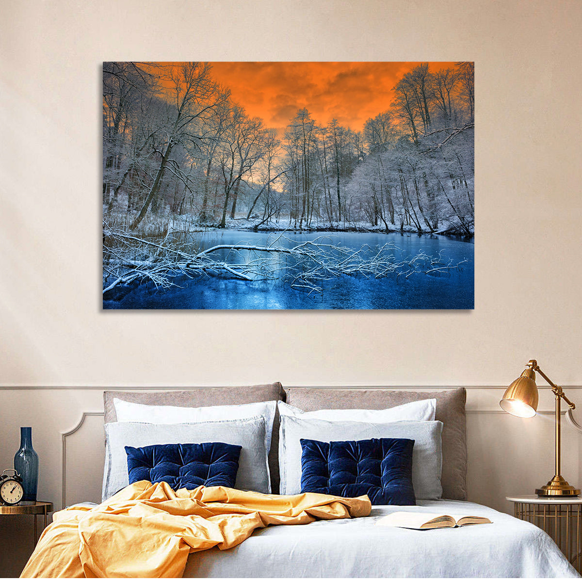 Sunset Over Winter Forest Lake Wall Art in a room, landscape