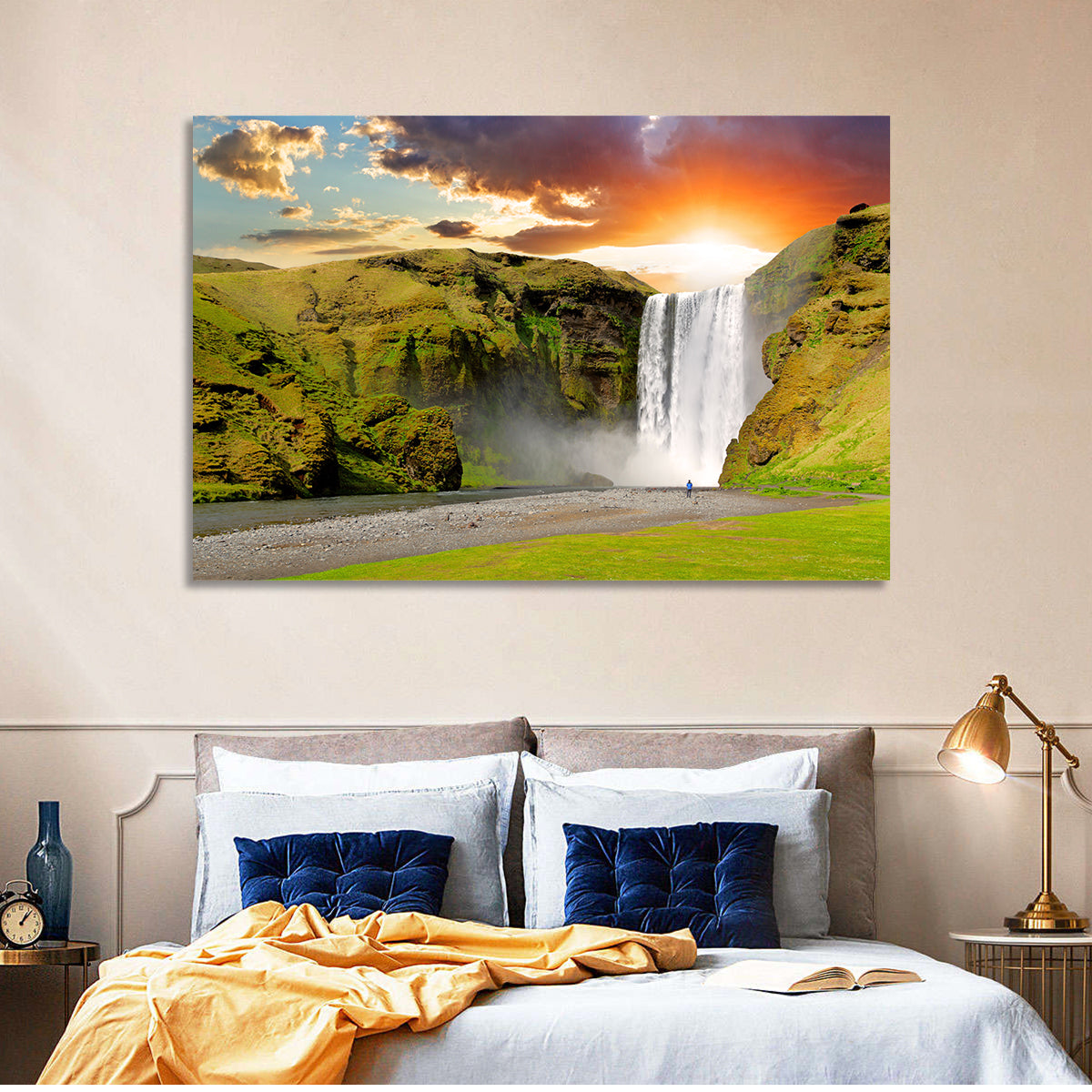 Skógafoss at Sunset Wall Art in a room, landscape