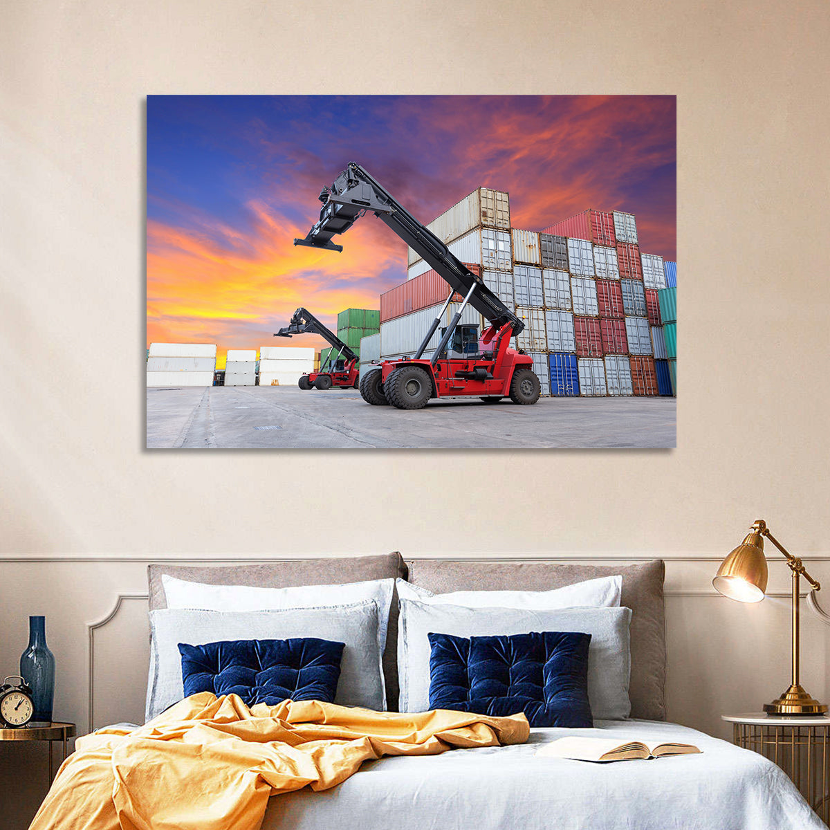 Red Reach Stackers at Sunset Wall Art in a room, landscape