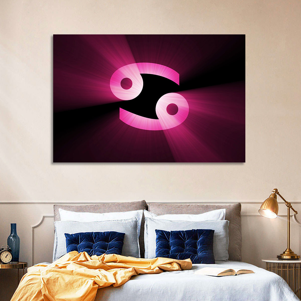 Glowing Pink Cancer Symbol Wall Art in a room, landscape