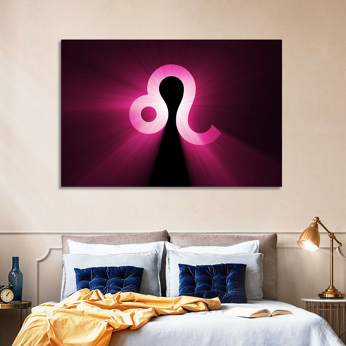 Glowing Magenta Leo Symbol Wall Art in a room, landscape