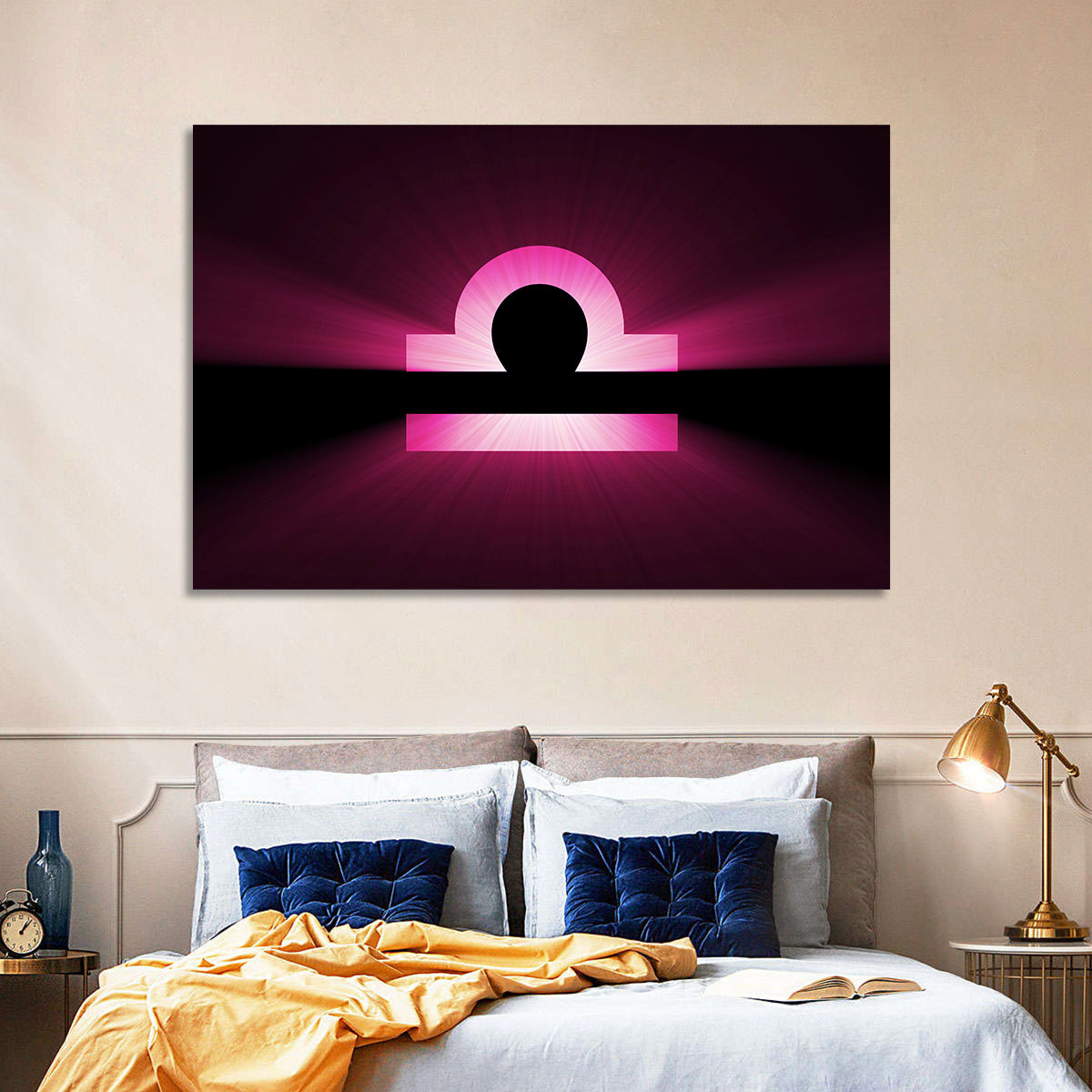 Libra Symbol Neon Glow Wall Art in a room, landscape