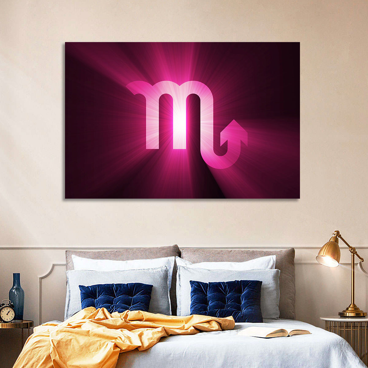 Scorpio Glyph with Magenta Burst Wall Art in a room, landscape