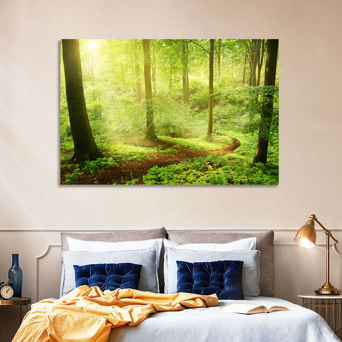 Sunlit Forest Path Wall Art in a room, landscape