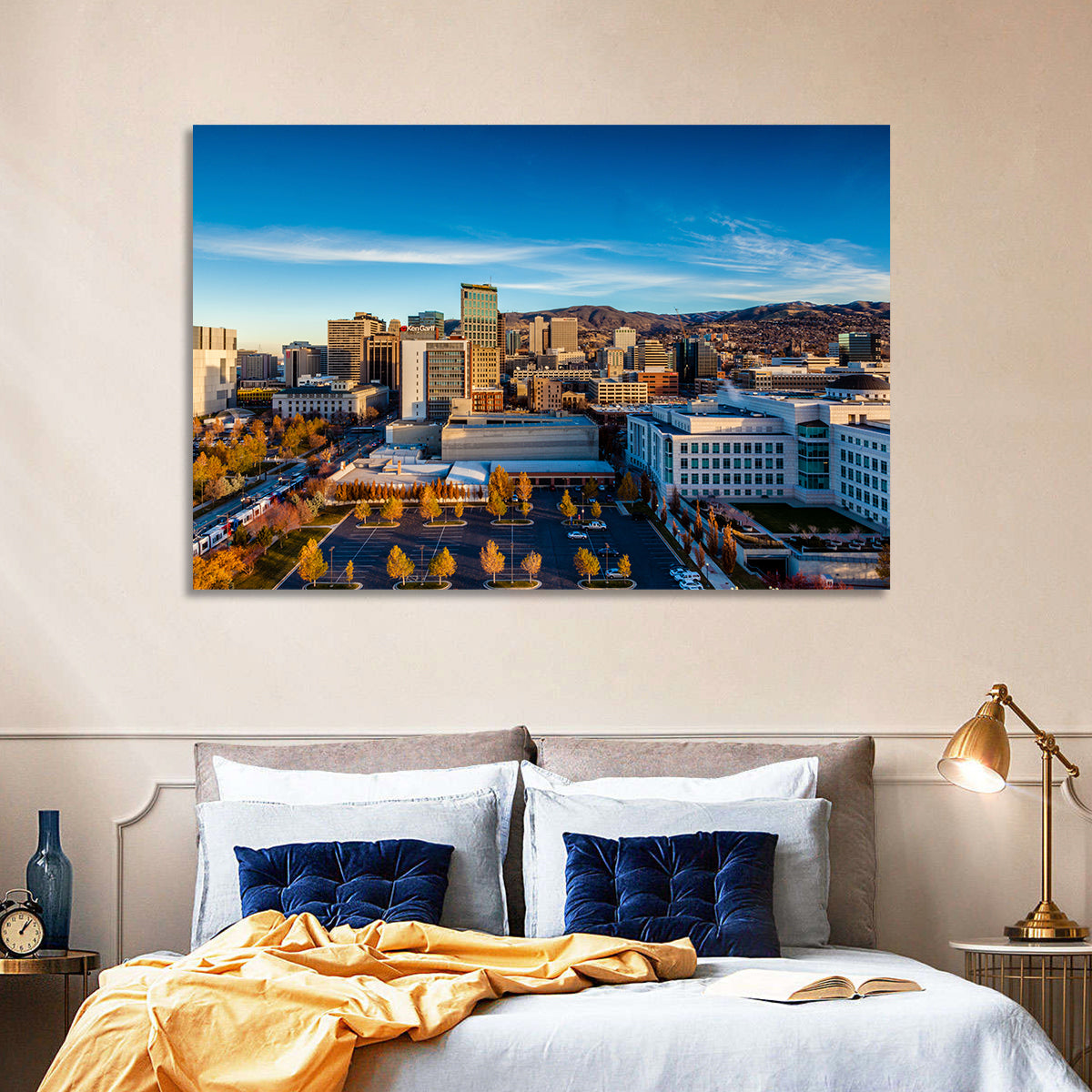 Salt Lake City Skyline at Golden Hour Wall Art in a room, landscape