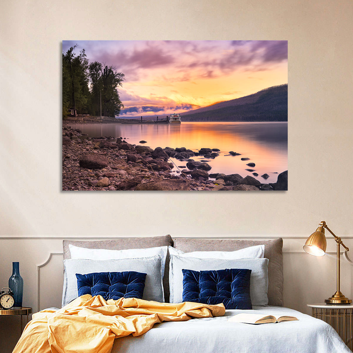 Lake Mcdonald Sunset Reflection Wall Art in a room, landscape