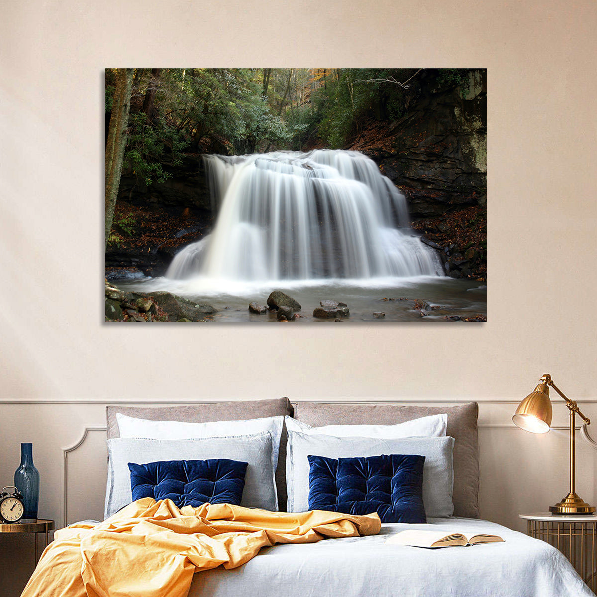 Holly River Autumn Waterfall Wall Art in a room, landscape