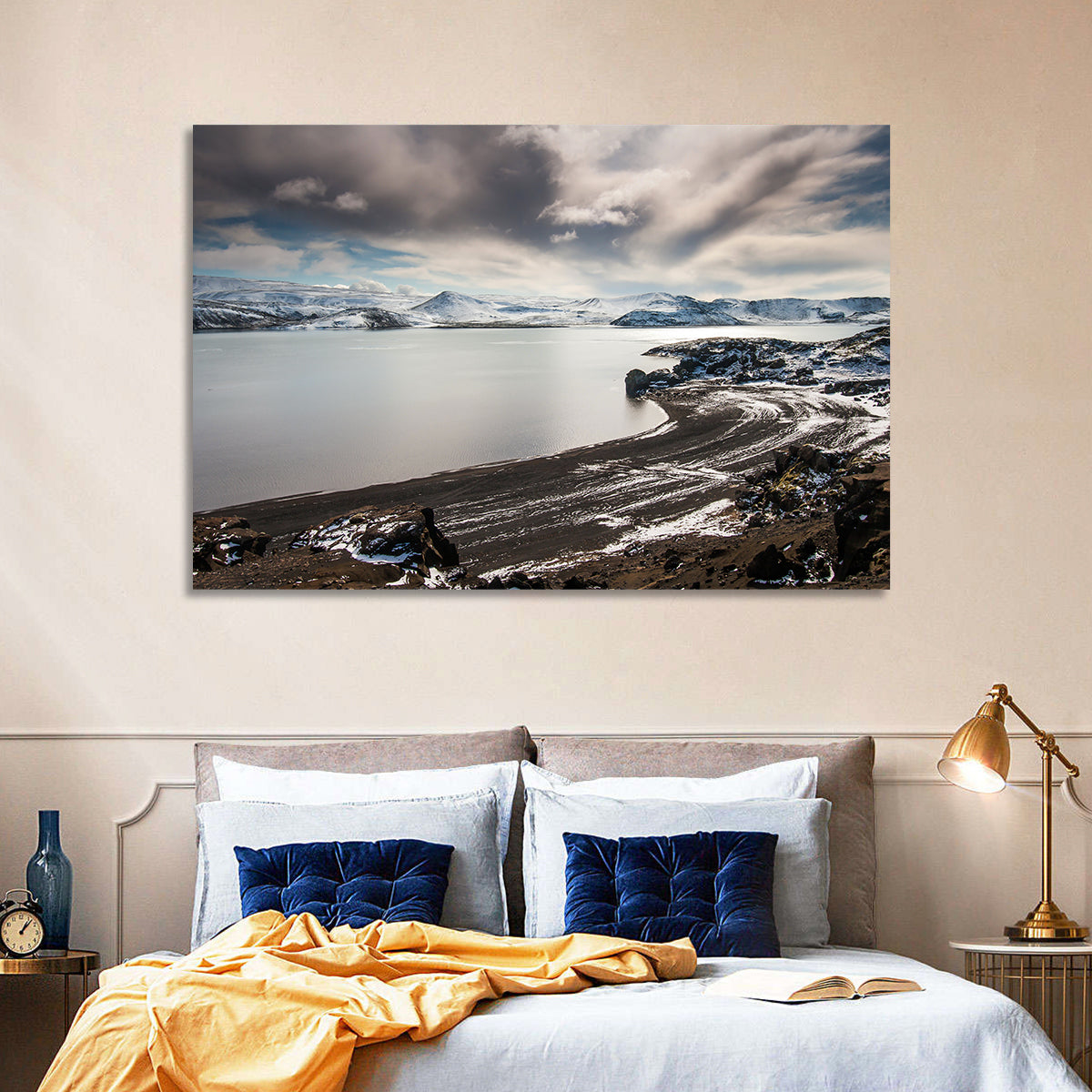 Kleifarvatn Black Sand Shore Wall Art in a room, landscape