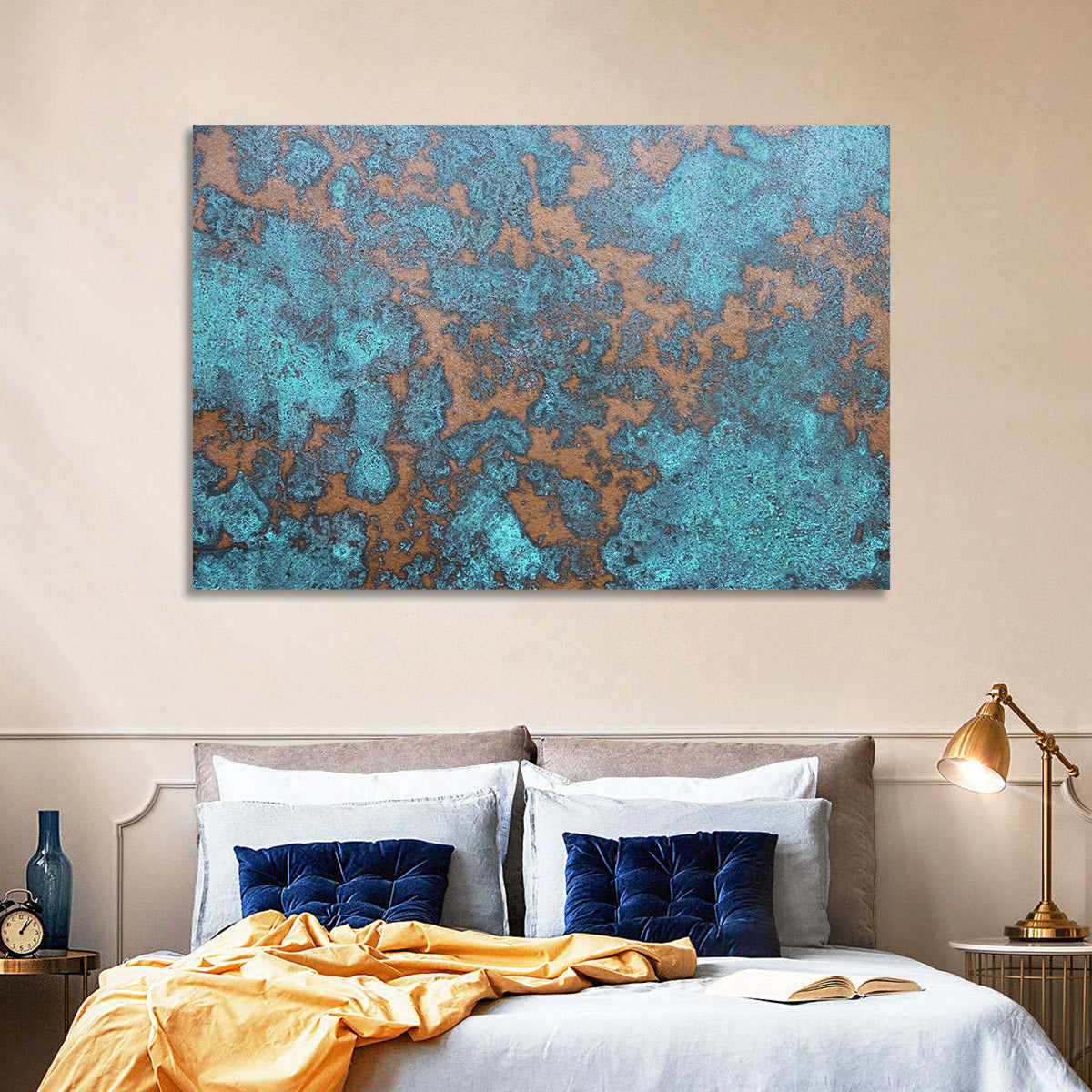 Oxidized Copper Patina Abstract Wall Art in a room, landscape