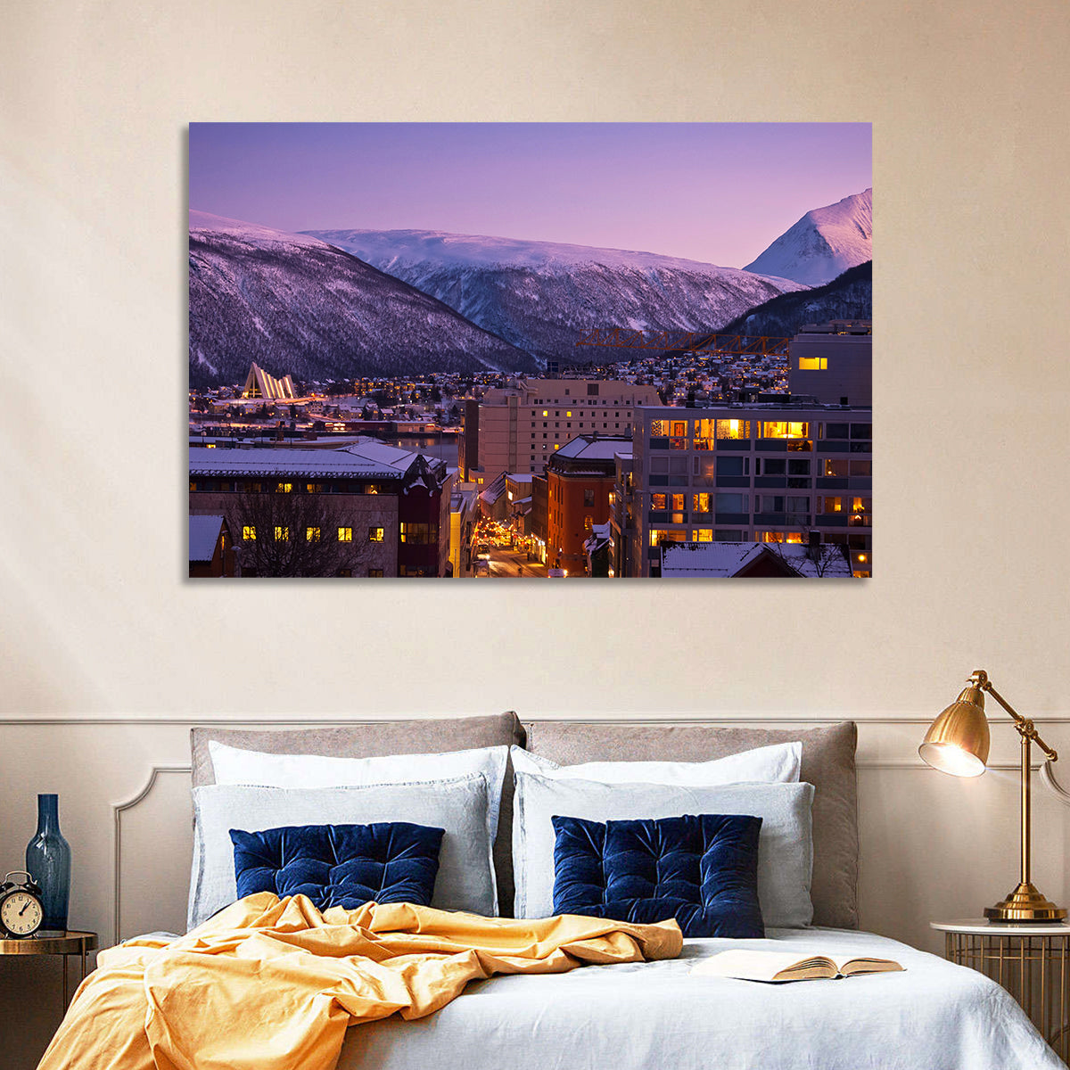 Tromsø Twilight Cityscape Wall Art in a room, landscape