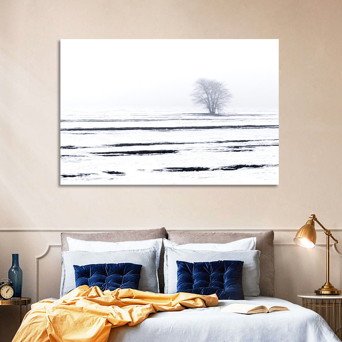 Foggy Winter Field with Lone Tree Wall Art in a room, landscape