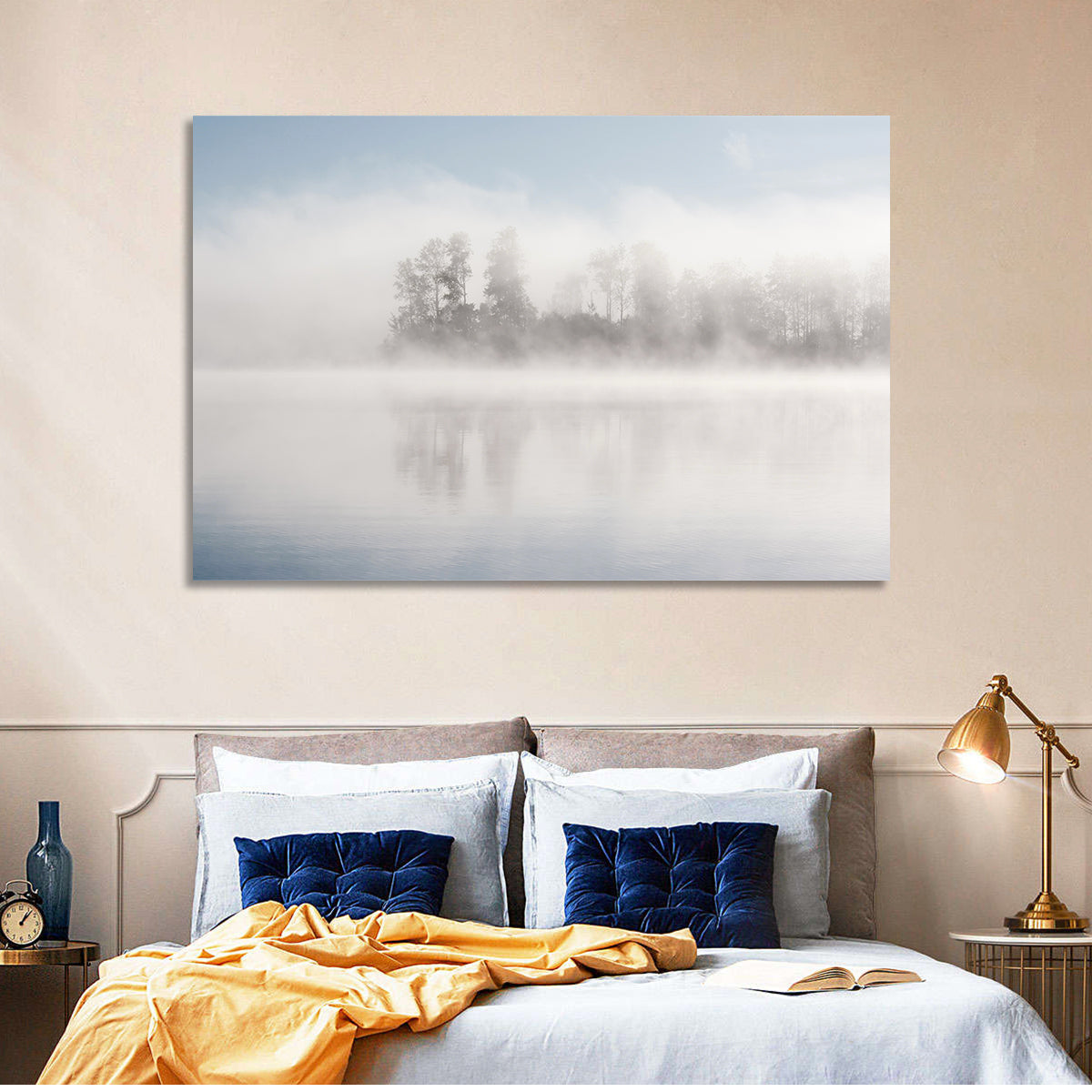 Misty Forest Lake Wall Art in a room, landscape