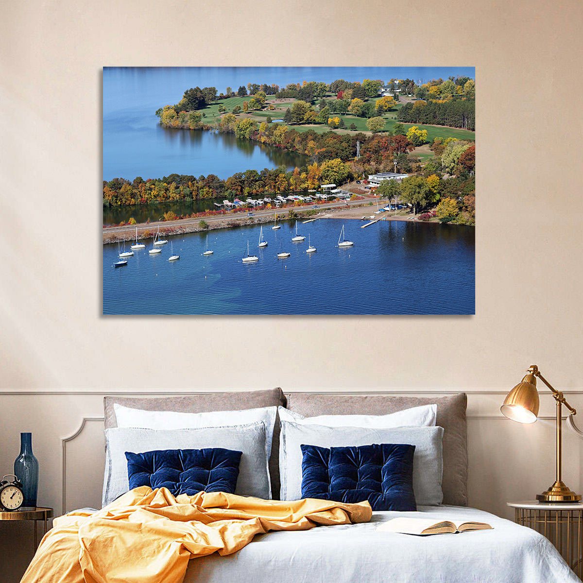 Lake Wissota Aerial Wall Art in a room, landscape