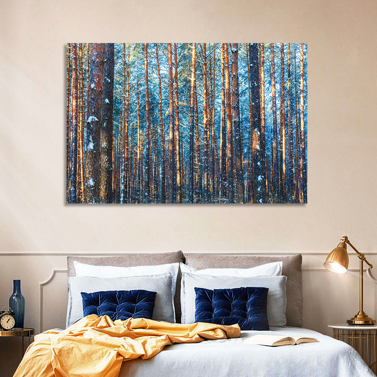 Golden Hour Winter Pine Forest Wall Art in a room, landscape