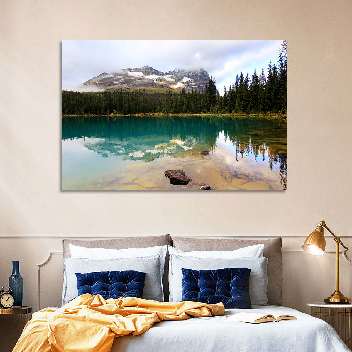Lake O Hara Mountain Reflection Wall Art in a room, landscape