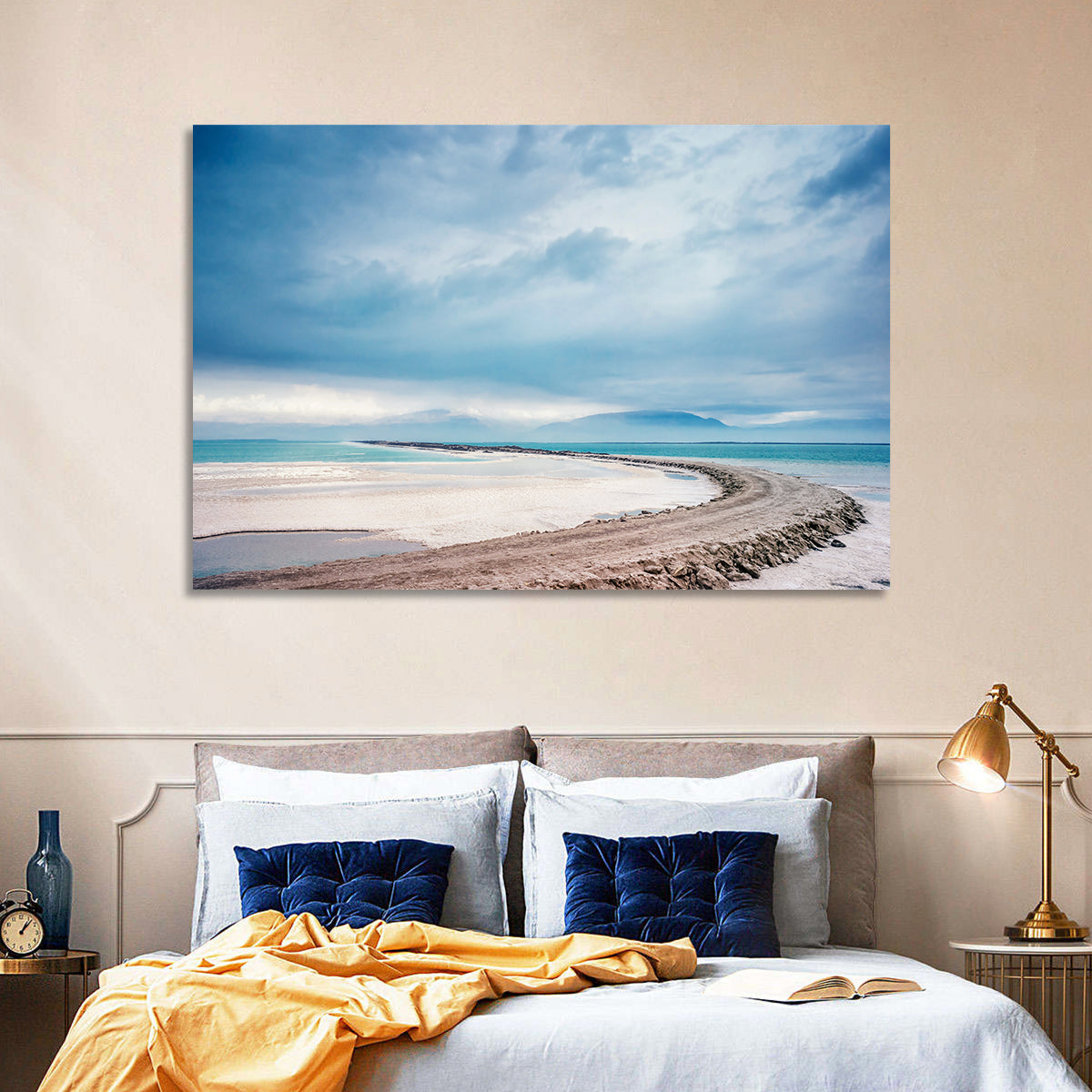 Dead Sea Salt Flats Coastline Wall Art in a room, landscape