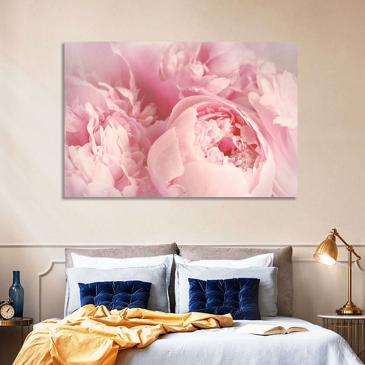 Soft Pink Peony Close Up Wall Art in a room, landscape