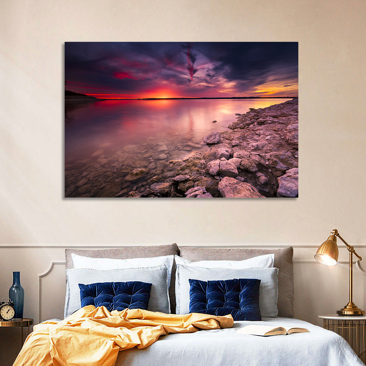 Benbrook Lake Sunset Reflection Wall Art in a room, landscape