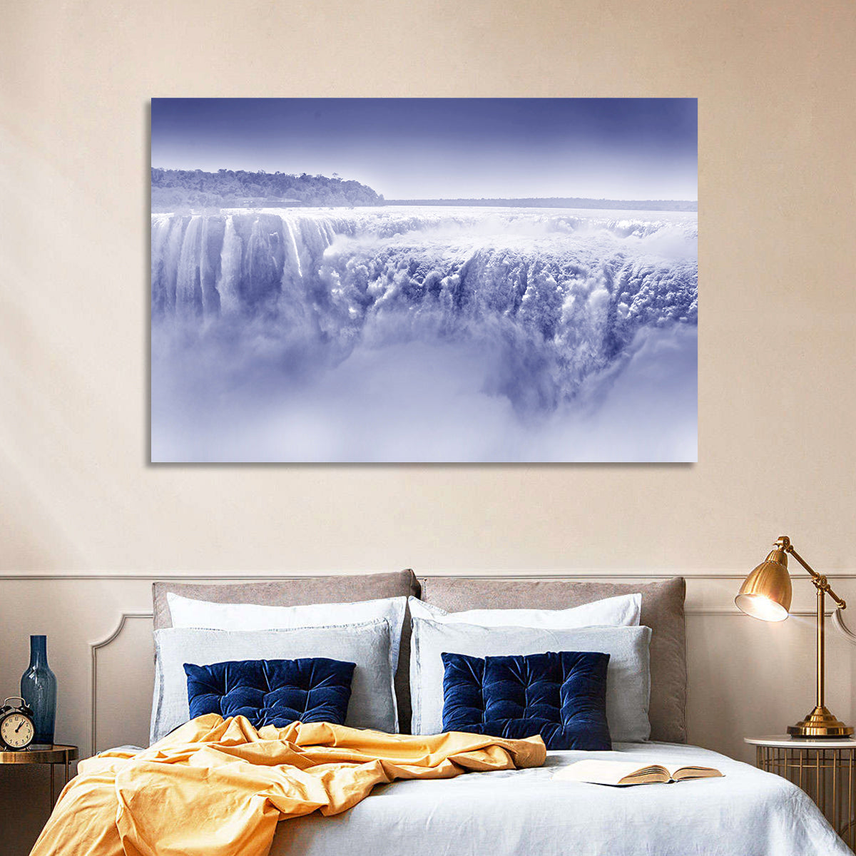 Iguazu Falls Blue Monochrome Wall Art in a room, landscape