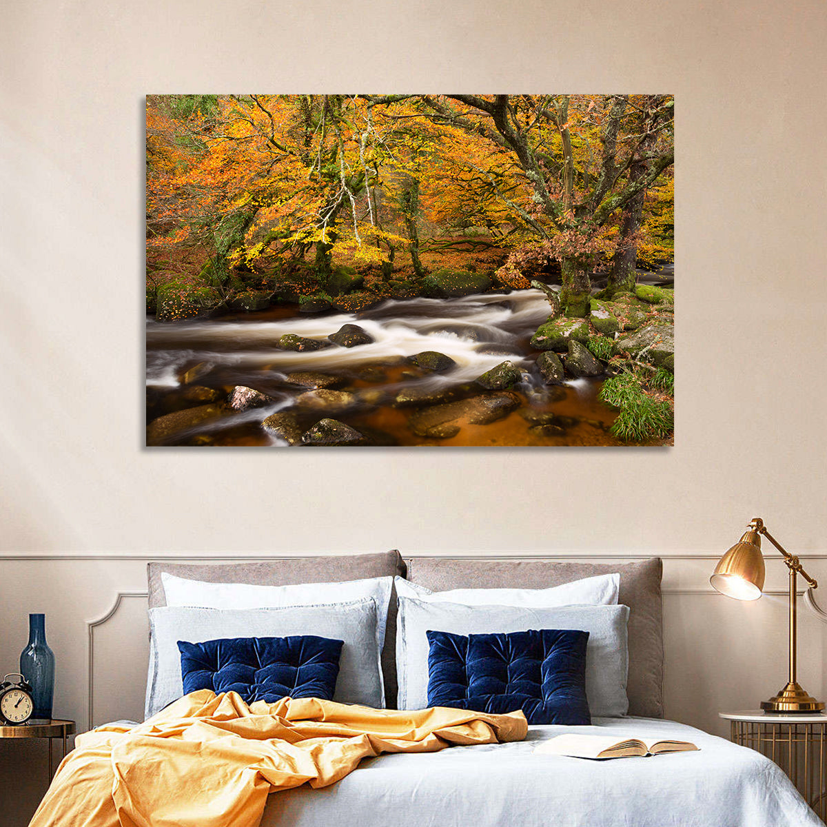 Dartmoor Autumn River in Golden Forest Wall Art in a room, landscape
