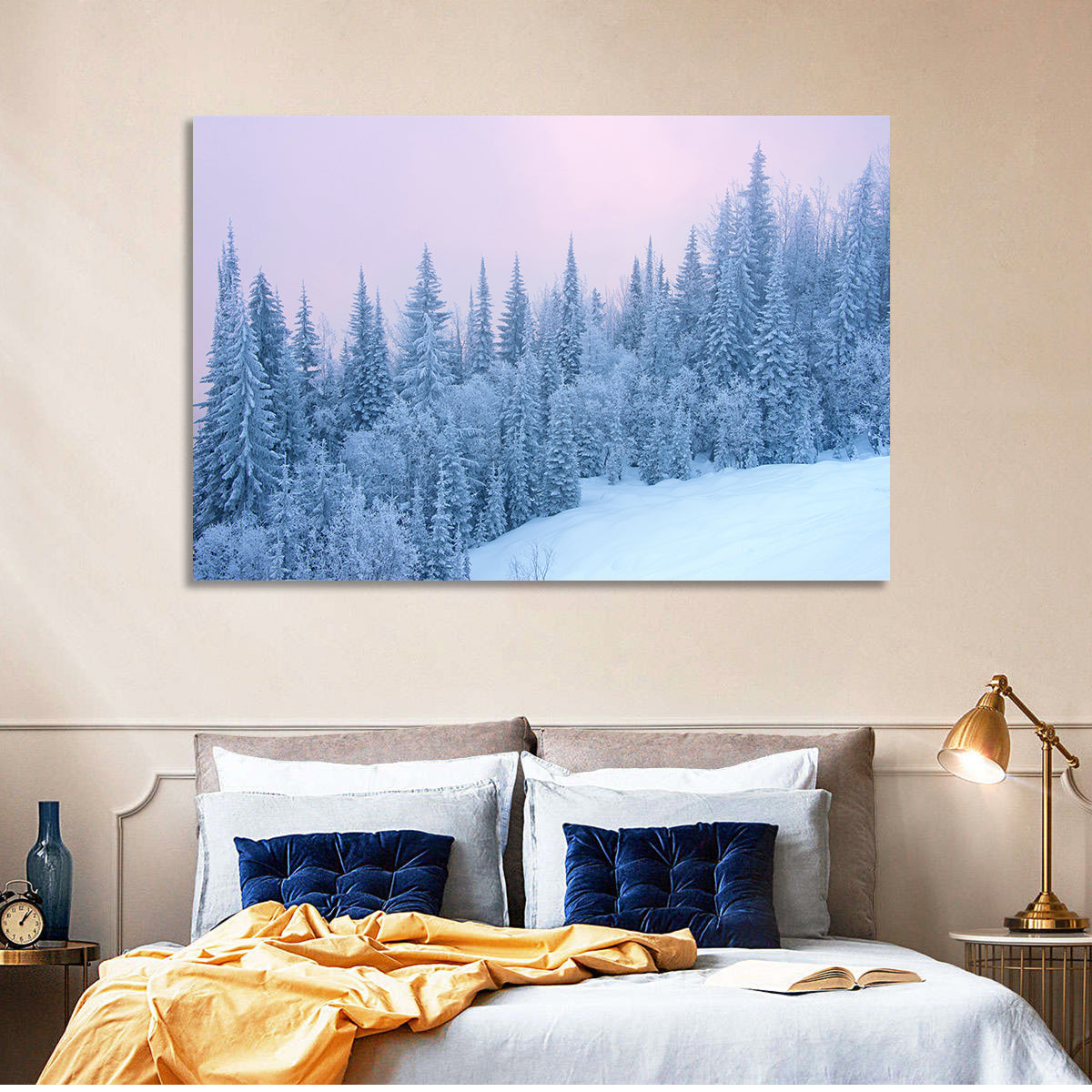 Snowy Winter Forest Wall Art in a room, landscape