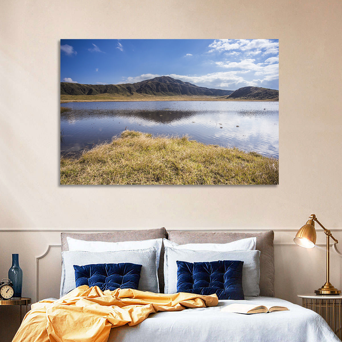 Mount Aso Lake Reflection Wall Art in a room, landscape