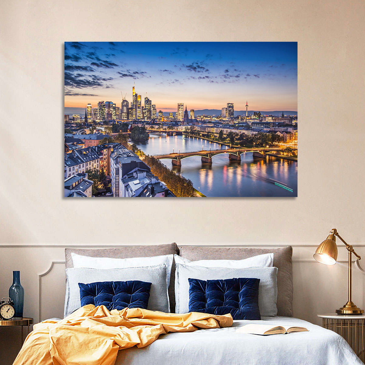 Frankfurt Twilight Skyline Wall Art in a room, landscape