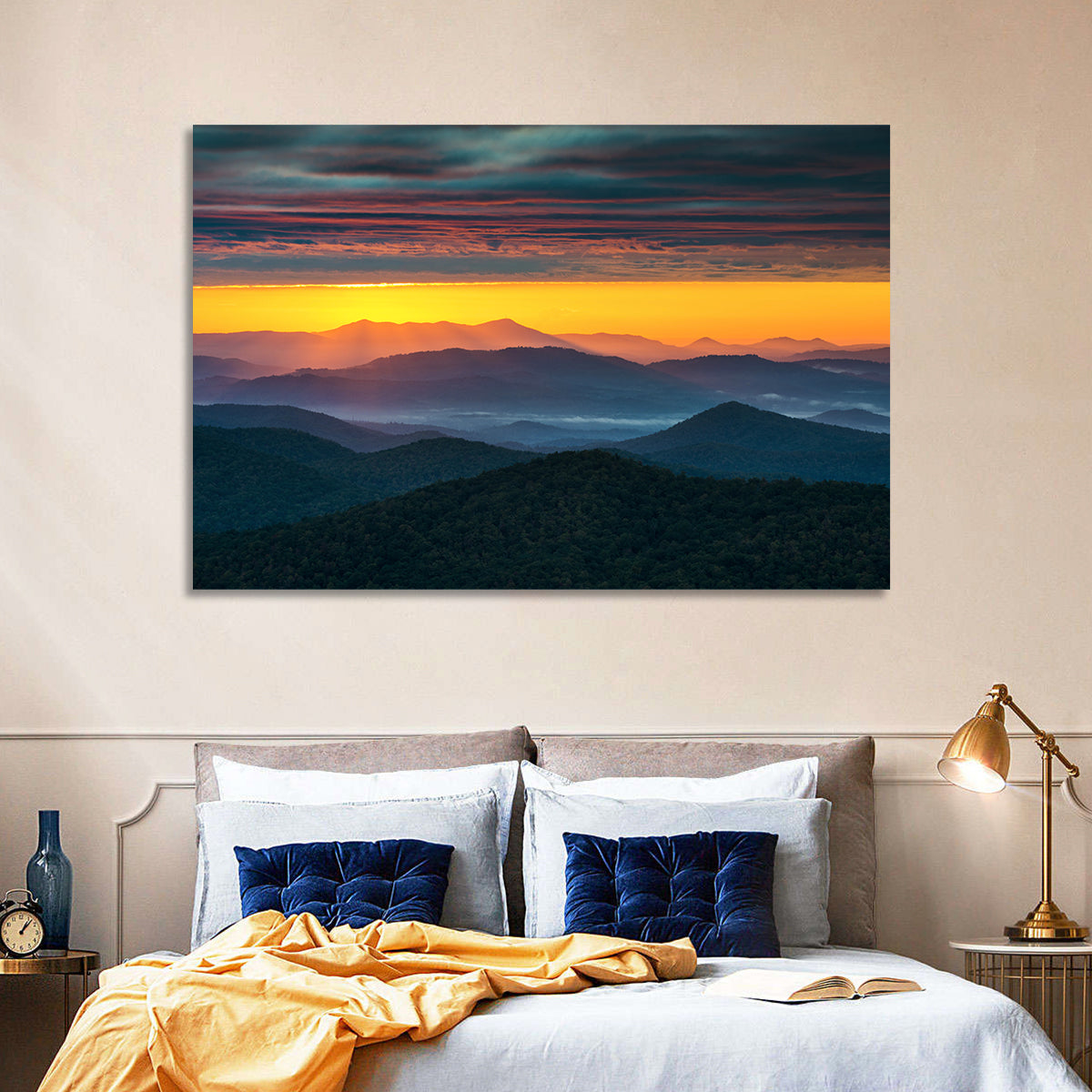 Misty Blue Ridge Sunrise North Carolina Wall Art in a room, landscape