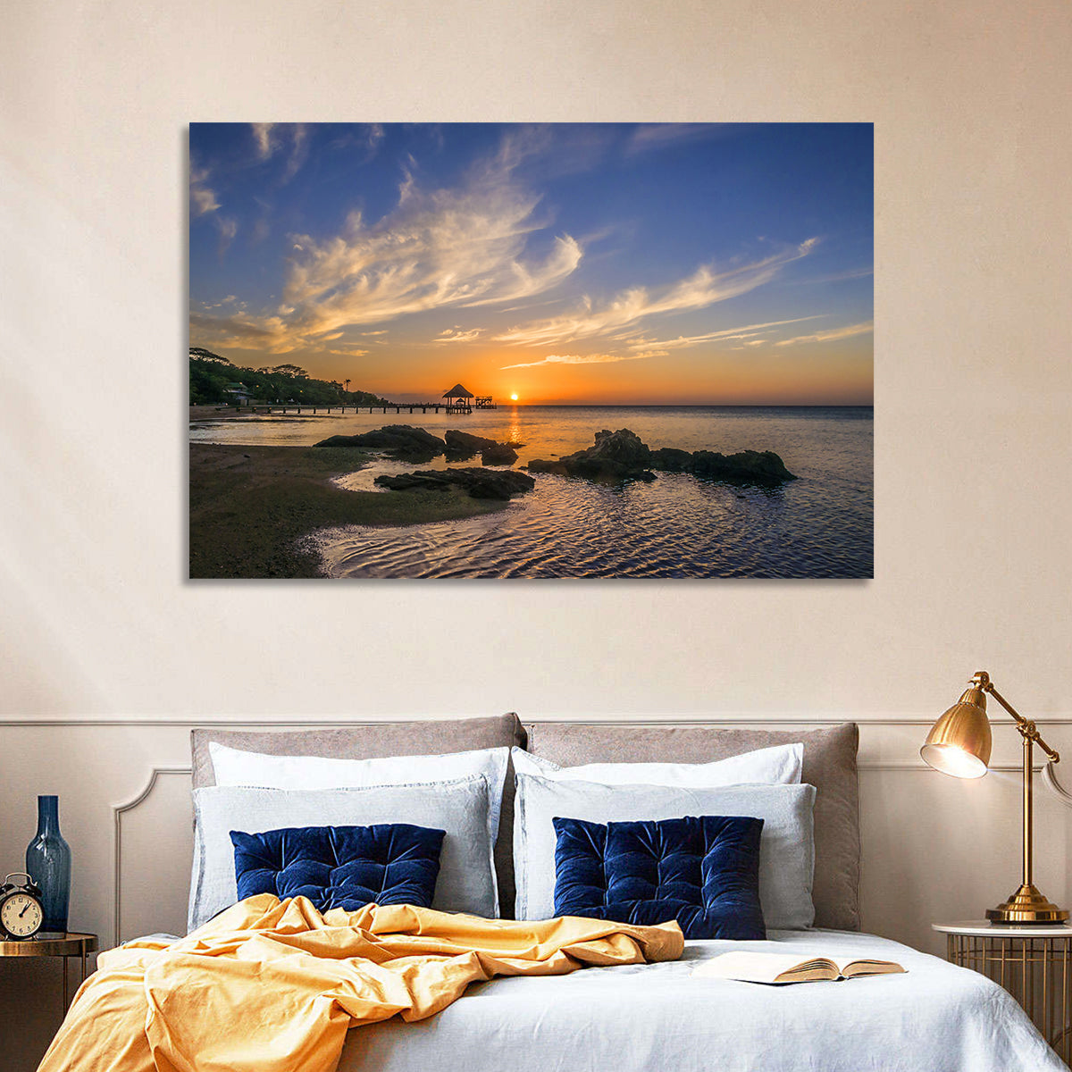 Roatan Pier Sunset Wall Art in a room, landscape