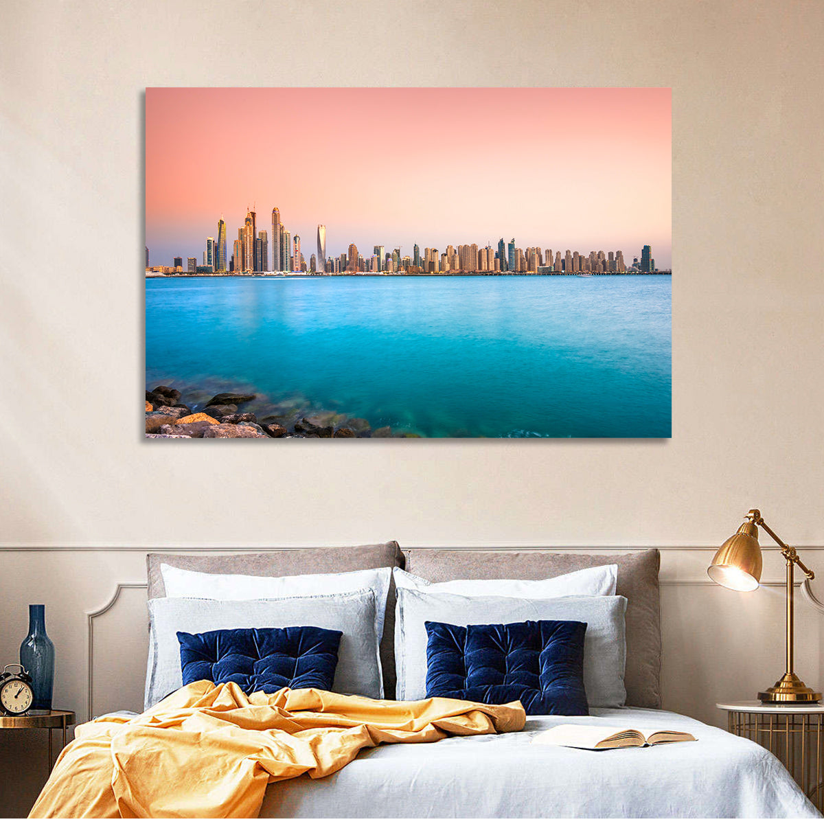 Dubai Marina Skyline Wall Art in a room, landscape