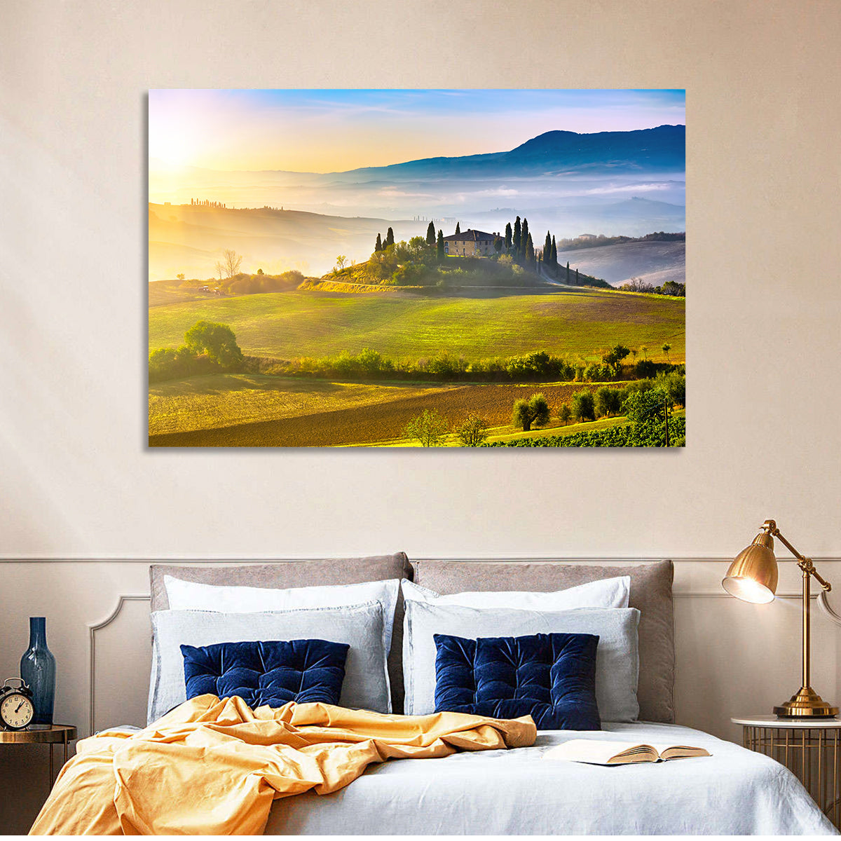 Tuscan Morning Landscape Wall Art in a room, landscape
