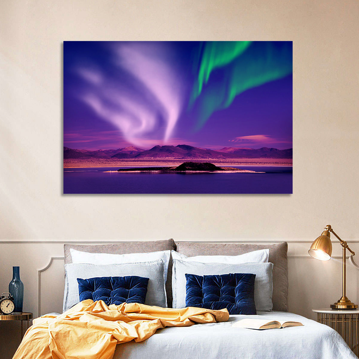 Violet Aurora Over Island Lake Wall Art in a room, landscape