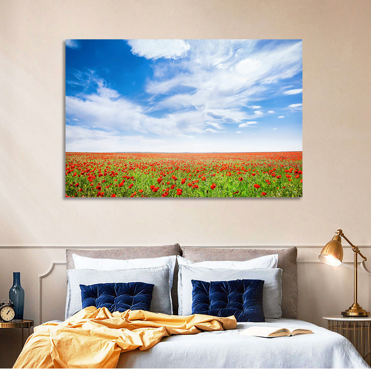 Red Poppy Field Wall Art in a room, landscape