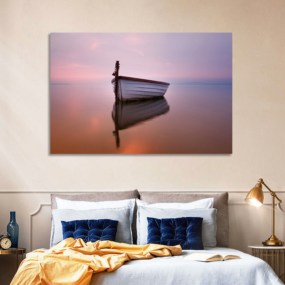 Pastel Boat Reflection Wall Art in a room, landscape