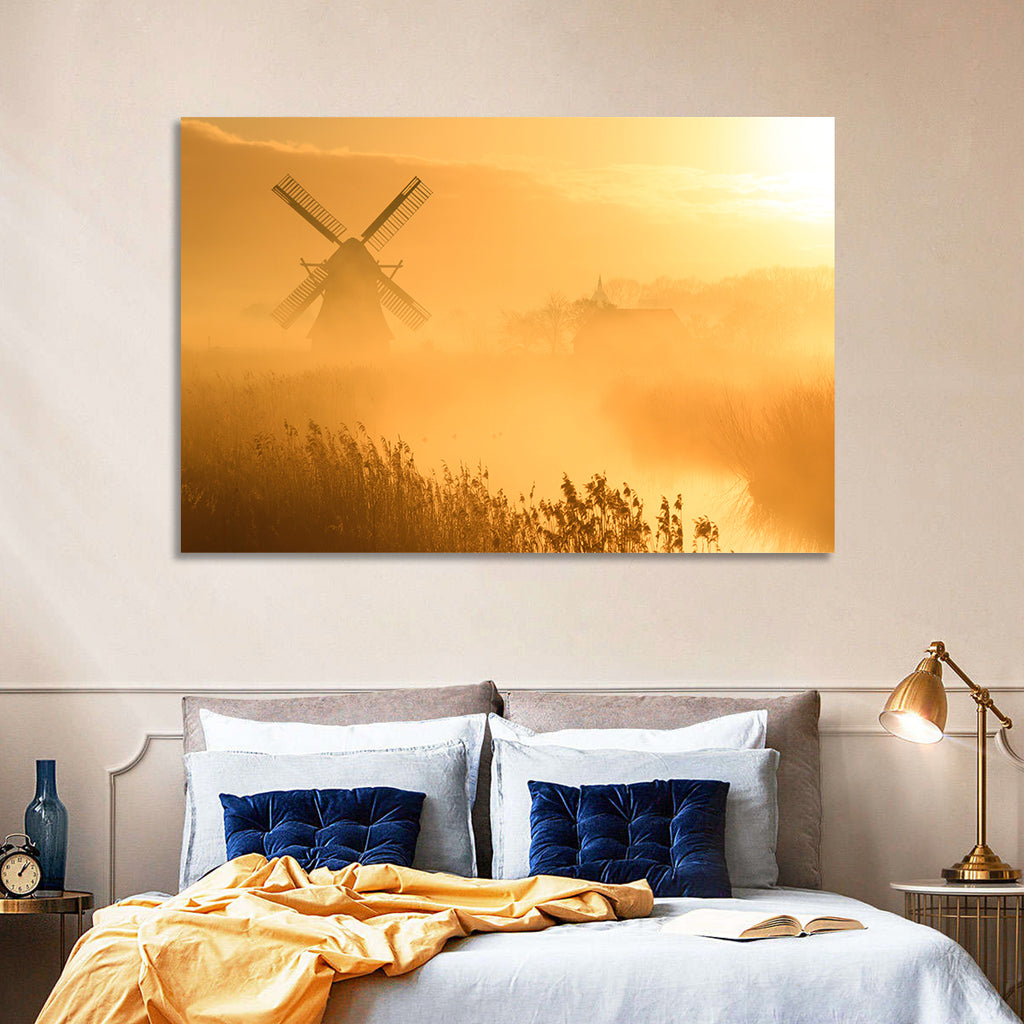 Golden Dutch Windmill Sunrise Wall Art
