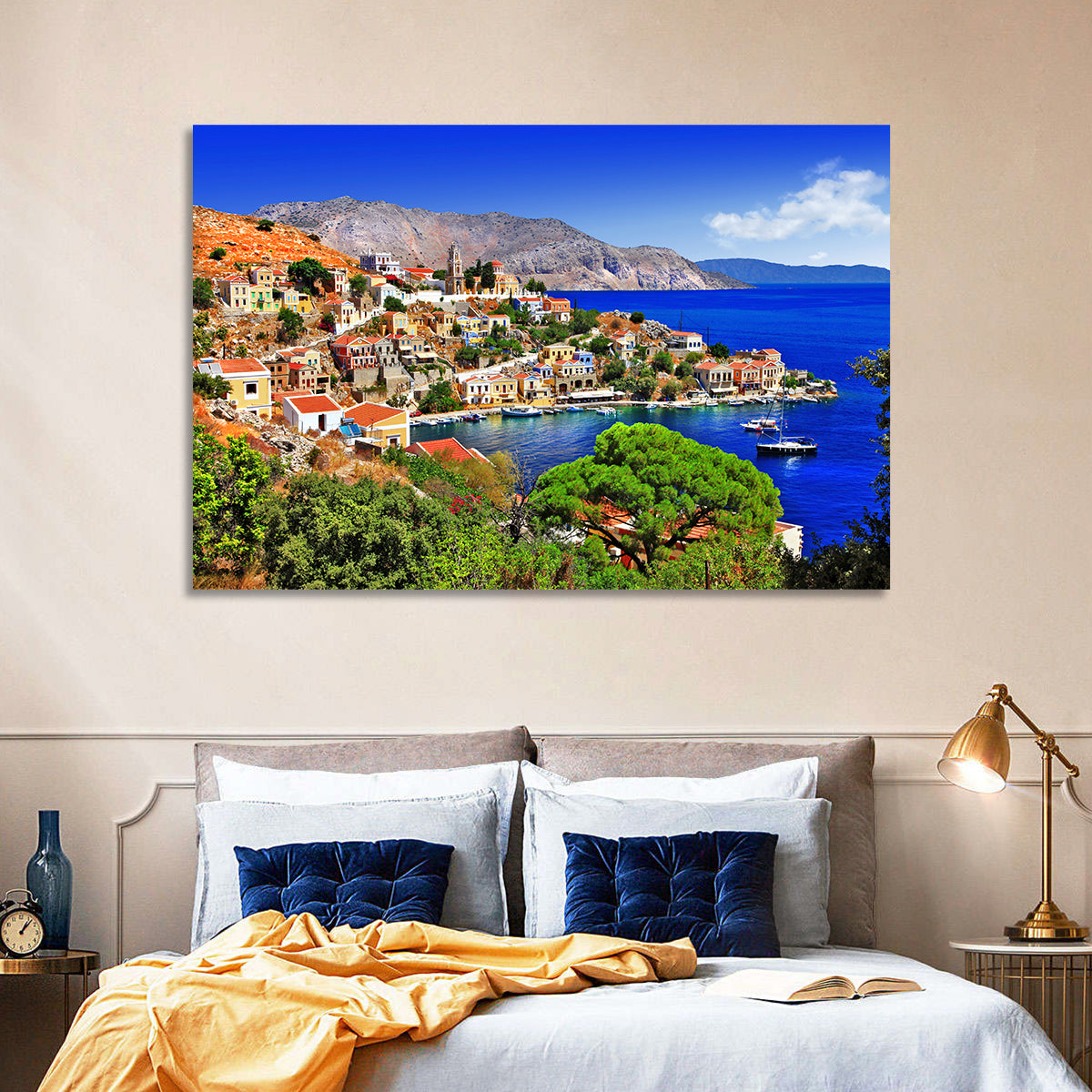 Symi Harbor, Greece Wall Art in a room, landscape