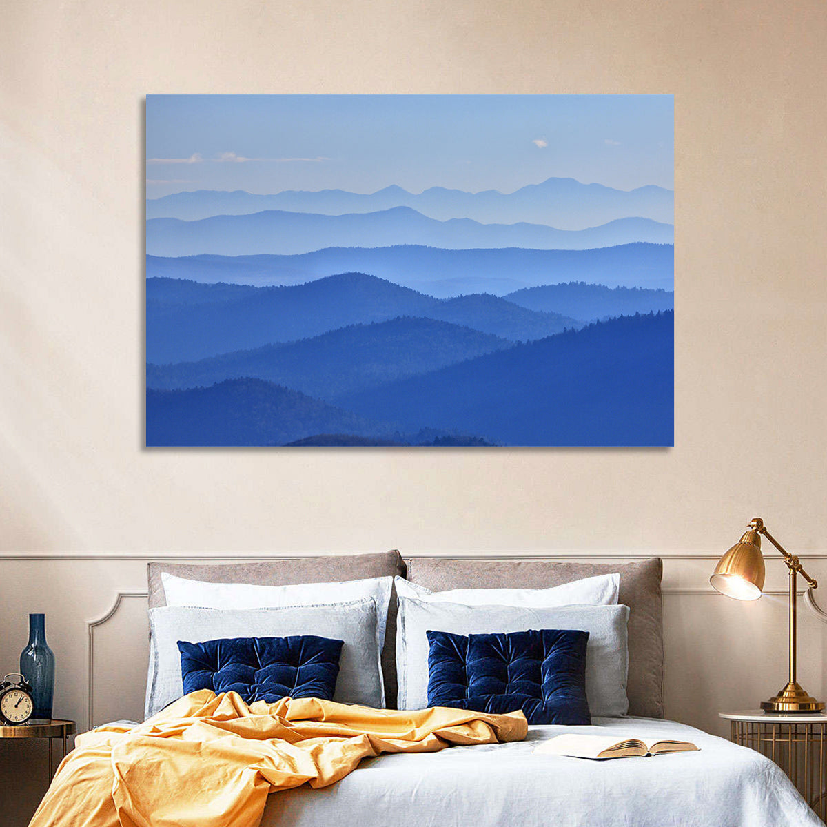 Misty Blue Mountain Valley Wall Art in a room, landscape