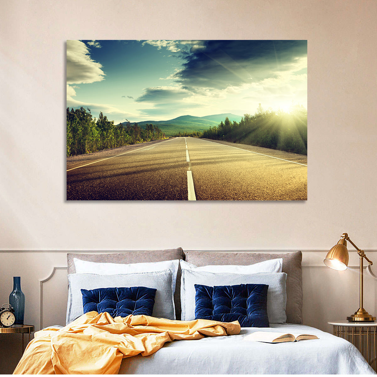 Sunlit Asphalt Road Wall Art in a room, landscape